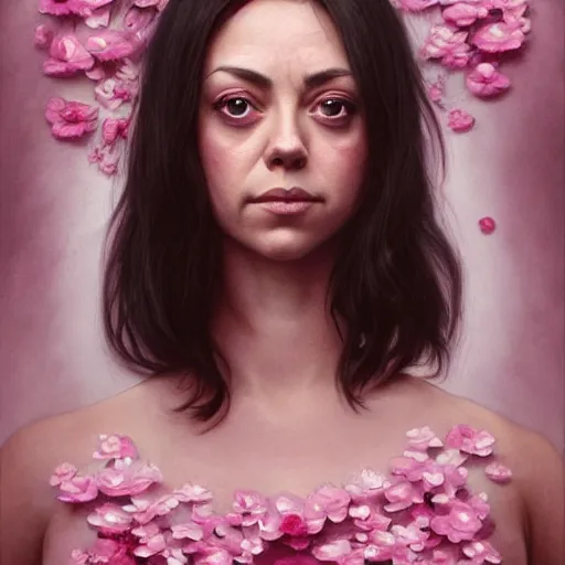 Image similar to pink petals with a ahape of a wonderful aubrey plaza and christina ricci and mila kunis, intricate, elegant, highly detailed, wonderful eyes, sweet, digital painting, artstation, concept art, smooth, sharp focus, illustration, art by artgerm and greg rutkowski and alphonse mucha and william - adolphe bouguereau