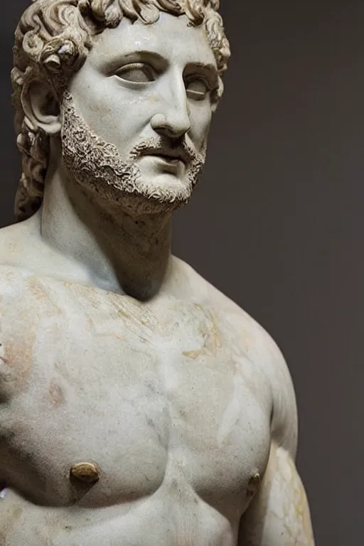 Image similar to an ancient greek marble statue of actor gerard butler, courtesy of the british museum