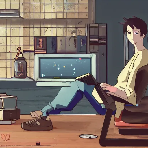 Prompt: a skinny computer nerd guy sitting on the floor of his room, crossed legs, laptop, smartphone, video games, tv, books, potions, jars, shelves, knick knacks, tranquil, star charts, calm, sparkles in the air, magic aesthetic, fantasy aesthetic, faded effect, by Studio Ghibli