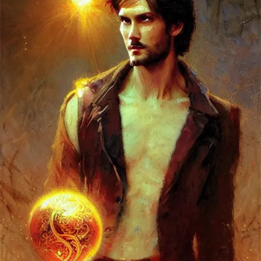 Image similar to a handsome slender young man with wavy brown hair summons a ball of light into his hand. urban fantasy. modern. dramatic. cinematic. holy. saintly. demigod. lord of light. detailed. sharp. photo realistic. realism. gaston bussiere. phil hale