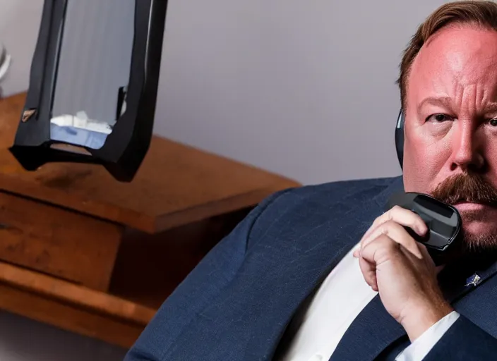 Image similar to dslr photo still of infowars host alex jones in a blue suit fat beard and mustache sitting depressed in a room filled to the ceiling with cell phones, 5 2 mm f 5. 6