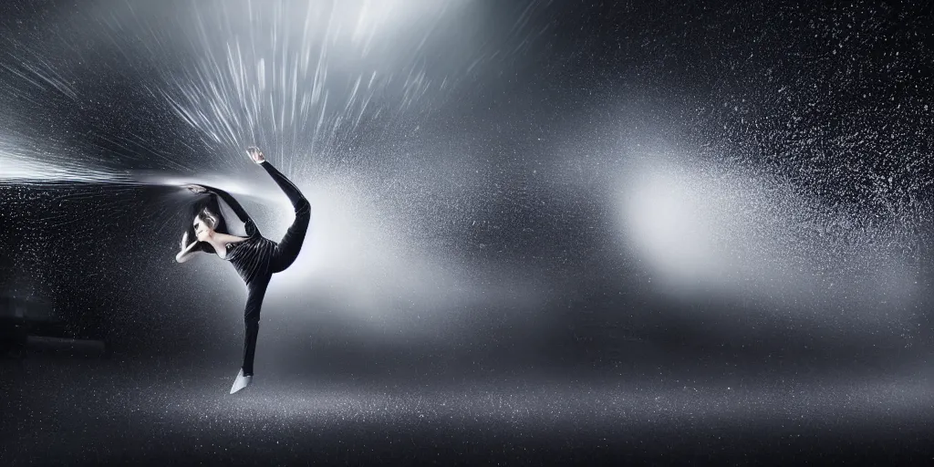 Image similar to slow motion with trail effect of futuristic break dancer wearing floating long dress, long exposure shot , at night in the middle of a rainy street, paddle of water, steam, fog, water splashes, rim lights, glossy reflections, water droplets on lens, octane render, dark and dramatic, explosion in the background, detailed and soft, fisheye