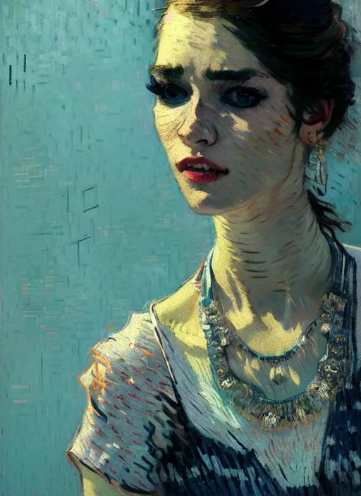 Image similar to portrait of beautiful girl, necklace, ecstatic, dancing, eyes closed, shades of pastel blue and light grey, new york backdrop, beautiful face, rule of thirds, intricate outfit, spotlight, by greg rutkowski, by jeremy mann, by francoise nielly, by van gogh, digital painting