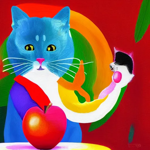 Prompt: a colourful cat eating apple, digital art