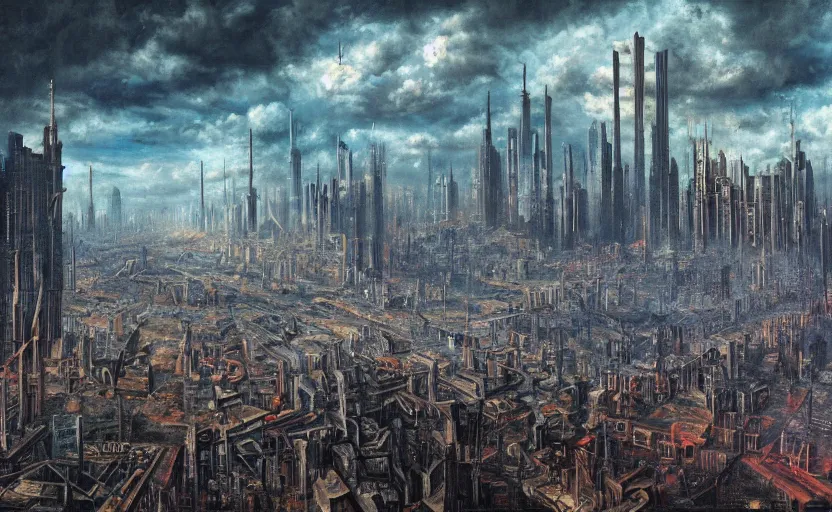 Prompt: a Dystopian gothic surrealism painting of a cyberpunk megalopolis extending up into the sky