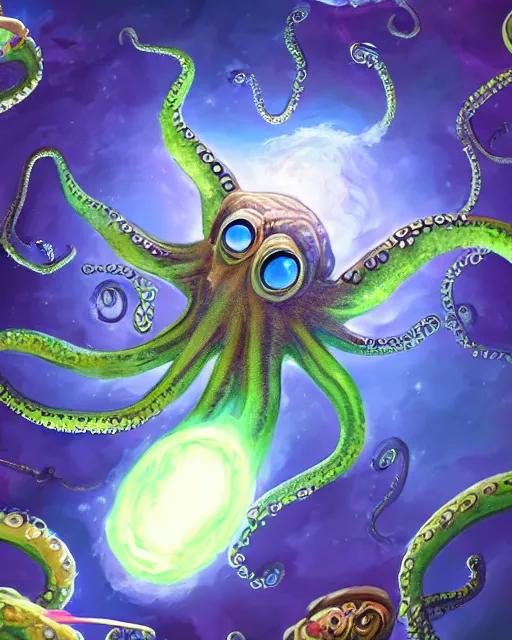 Prompt: octopus flying in space, detailed digital painting, professional concept art, hearthstone