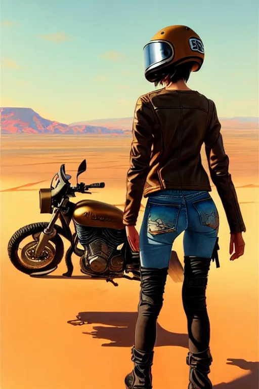 Image similar to a ultradetailed beautiful panting of post apocalyptic woman with motorbike in leather jacket with helmet in front of burning desert, anatomically correct, by ilya kuvshinov, greg rutkowski and makoto shinkai, trending on artstation