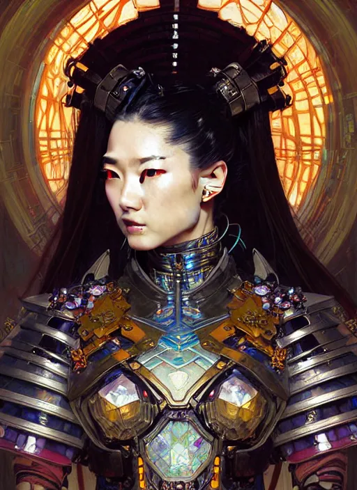 Prompt: portrait of a beautiful cyberpunk samurai woman wearing a warrior armor, symmetrical face, fantasy, regal, fractal crystal, fractal gems, by stanley artgerm lau, greg rutkowski, thomas kindkade, alphonse mucha, loish, norman rockwell.