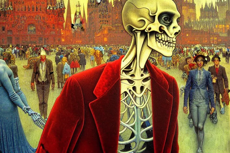 Image similar to realistic detailed closeup portrait painting of a single skeleton wearing red velvet blazer in a crowded futuristic moscow street by Jean Delville, Amano, Yves Tanguy, Alphonse Mucha, Ernst Haeckel, Edward Robert Hughes, Roger Dean, rich moody colours, blue eyes