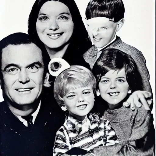 Prompt: creature family photo, toy commercial from the 60s