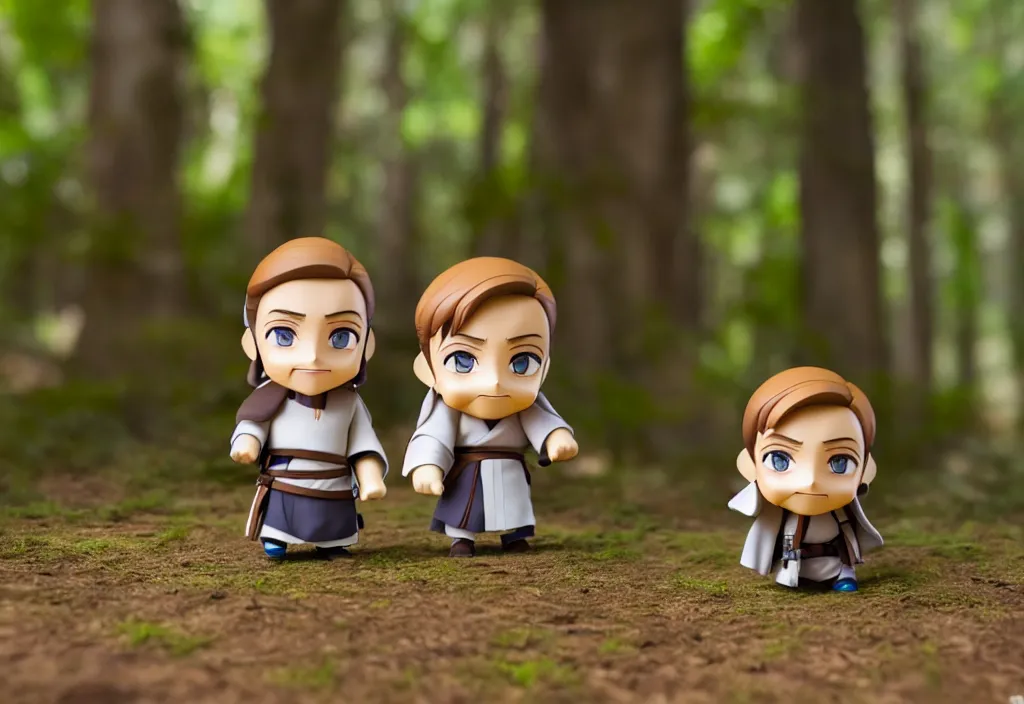 Image similar to side view of obi wan kenobi of disney movie as nendoroid running in a forest, 8 k hd dof, kodak film,