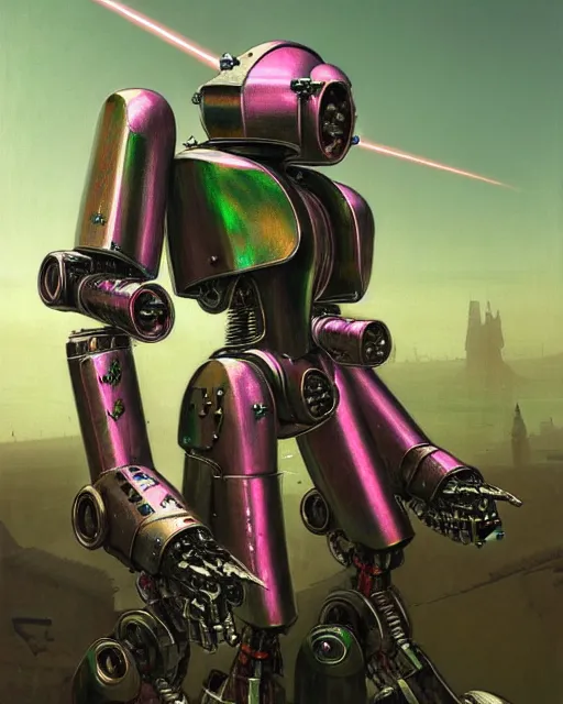 Image similar to hyperrealistic hyperdetailed medieval mecha iridescent pink battle war concept art santiago caruso de chirico sharp very dramatic green light 8k low angle shallow depth of field