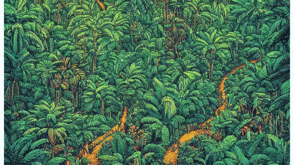 Image similar to a dense amazon rainforest jungle by dan mumford