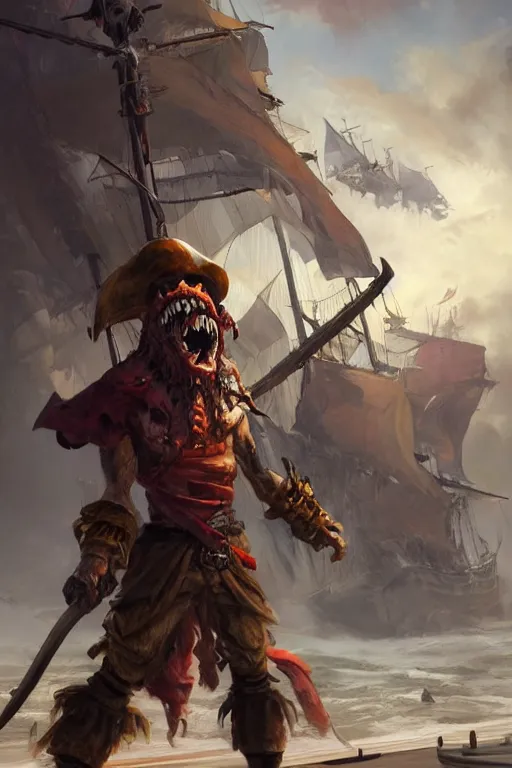 Prompt: a professional digital painting of a monster pirate with many jaws, full body, concept art, sharp detail, focused, illustration, smooth render, pirate ship in background, art style by Ruan Jia and Mandy Jurgens and Ian Spriggs and William-Adolphe Bouguerea