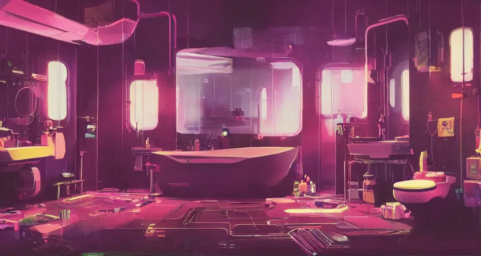 Image similar to IKEA catalogue photo of a cyberpunk bathroom, by Paul Lehr