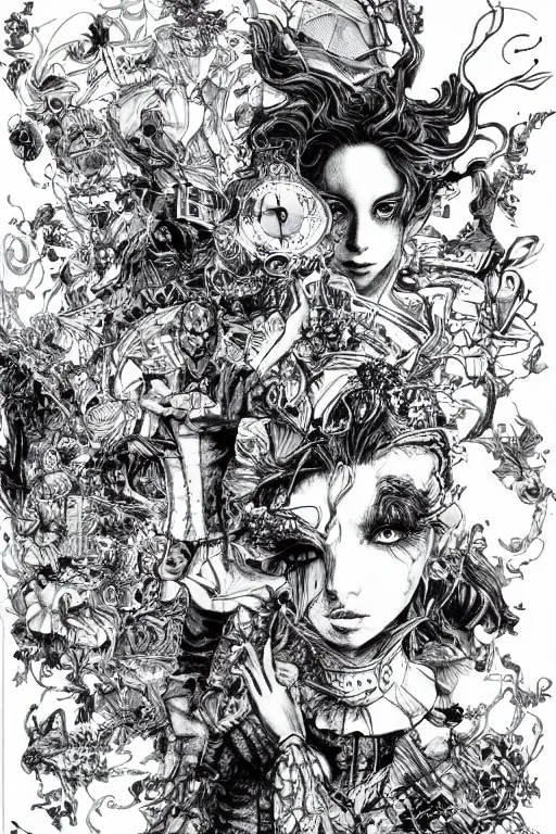 Prompt: Synthwave Alice in wonderland , pen and ink, intricate line drawings, by Yoshitaka Amano, Ruan Jia, Kentaro Miura, Artgerm, watercolor