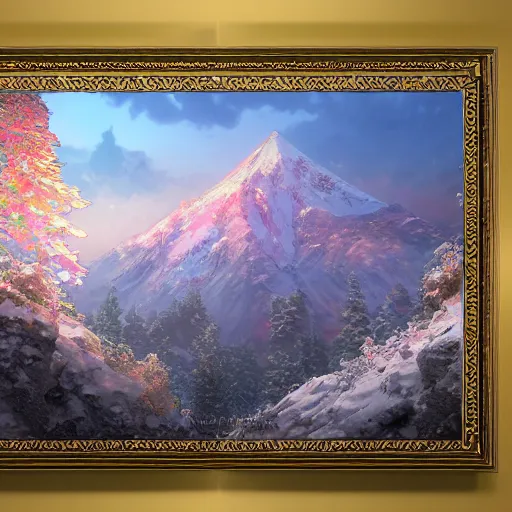 Image similar to the aesthetic view of the beautiful, grand, wistful, dreamy snowcapped mountain at dusk, hyperrealistic anime illustration by iralki nadar, colorful, extremely detailed, intricate linework, super sharp focus, bright colors, octopath traveler, studio ghibli, unreal engine 5 highly rendered, global illumination, radiant light, detailed and intricate environment