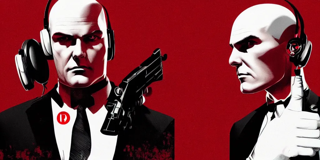 Image similar to a portrait of agent 4 7 from hitman wearing large headphones while pointing a silenced silver handgun, dark background, red rim light, smooth, sharp focus, art by irina french