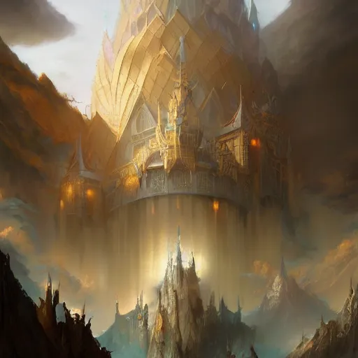 Prompt: grand palace of a great gold dragon by peter mohrbacher, matte painting, 8K, concept art, mystical color scheme, trending on artstation