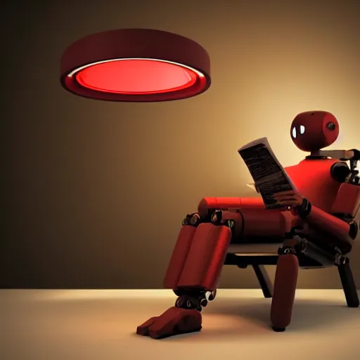 Image similar to futuristic lonely matte brown and red full-body humanoid robot with huge round expressive sad LED eyes and open rectangular mouth sitting on a large comfortable cushioned vintage recliner reading a newspaper. Cinematic Lighting, Cinematic Movie Photograph, Arri Alexa, Extremely Detailed, smooth, very very clean, 8K, octane render, maya render, unreal engine, trending on artstation, DSLR, excellent composition, moody