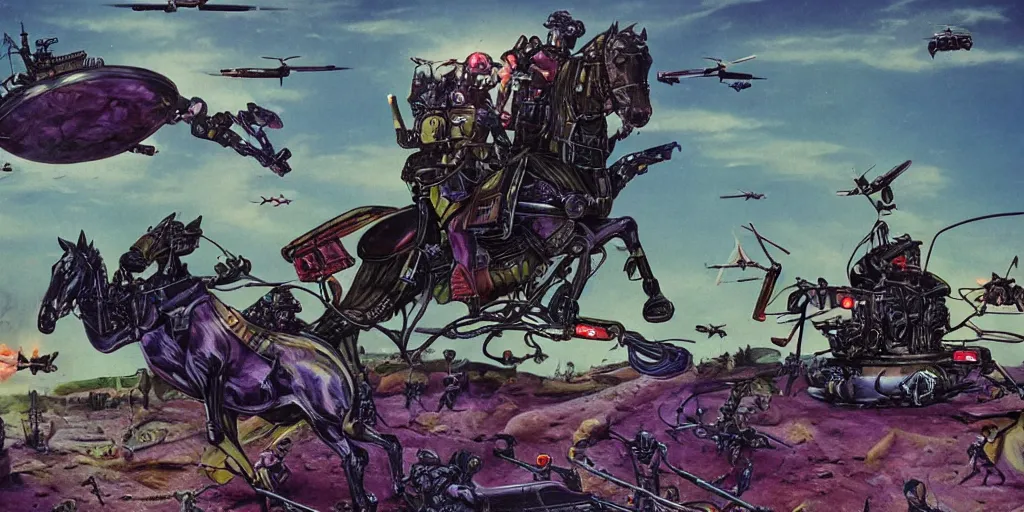 Image similar to neurotic depiction of a battle between horses riding drones and cybernetic, military cats on turtles, detailed shot, y 2 k aesthetic, dark purple background, bonestell, chesley, 4 k