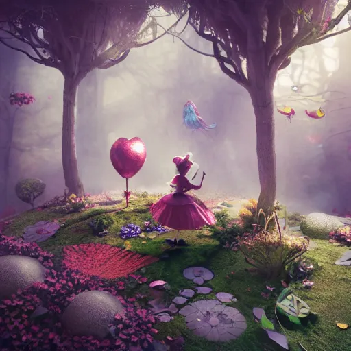 Prompt: alice in wonderland, 3 d, mistic atmosphere, beautifull,, octane render, intricate, hyper detailed, morning light, well rendered