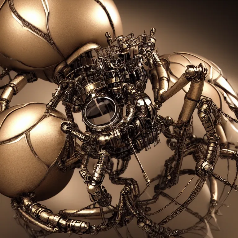 Image similar to a close up of an beautiful steampunk robotic spider inspired, unreal engine realistic render, high detailed face, photorealism, golden ratio, hyper - realistic 3 d, insanely super detailed, realistic octane render, 1 6 k, fashion photography, micro detail, backlit lighting, face in focus, subsurface scattering, thin porcelain