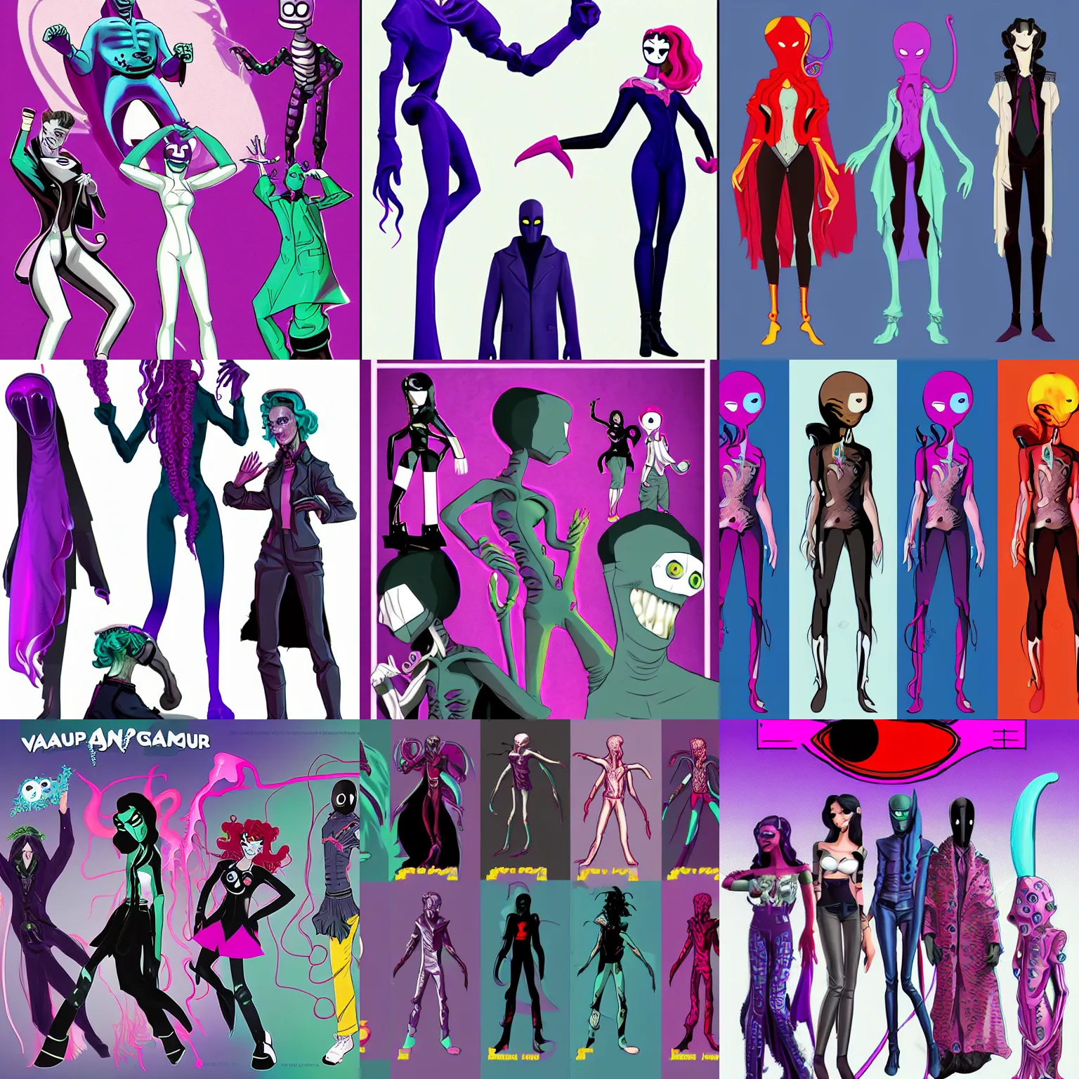 Prompt: a vintage vaporwave vampire colors tall lean vampire aliens with big black alien eyes and a squid beak with three webbed tentacle arms and skinny thin human legs wearing ninja garb based on vampire cloaks as playable characters design sheets that focuses on an ocean setting with help Lauren faust from her work on dc superhero girls and lead artist Andy Suriano from rise of the teenage mutant ninja turtles on nickelodeon using artistic cues for the game fret nice and art direction from the Sony 2018 animated film spiderverse