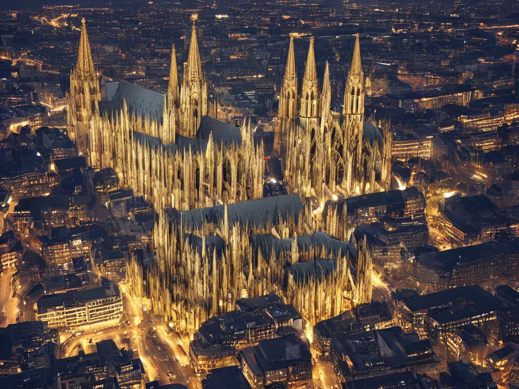 Image similar to cologne cathedral sourrounded by city, birds eye view, night, landscape, sky, volumetric lighting, 8 k octane beautifully detailed render, post - processing, extremely hyper - detailed, intricate, epic composition, intricate, trending on artstation, stunning art by frazetta, wonderful masterpiece by karine villette