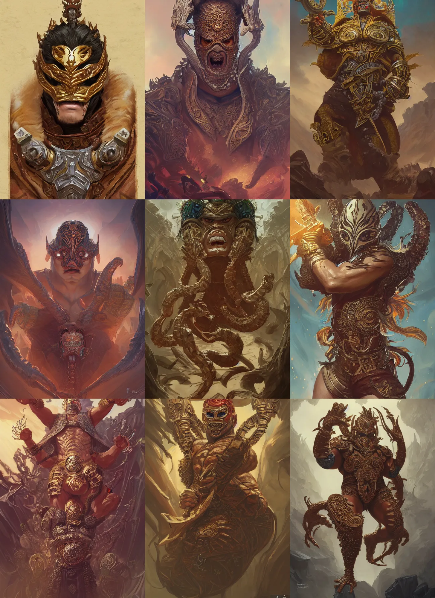 Prompt: a luchador called the hydra, d & d, fantasy, intricate, elegant, highly detailed, digital painting, artstation, concept art, matte, sharp focus, illustration, hearthstone, art by artgerm and greg rutkowski and alphonse mucha