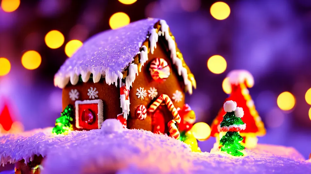 Image similar to closeup of colorful miniature gingerbread house village at night, gingerbread people, candy canes, forest, christmas, snow, bokeh, depth of field 1 0 0 mm, cinematic scene, studio quality, visually stunning, unreal engine, octane render