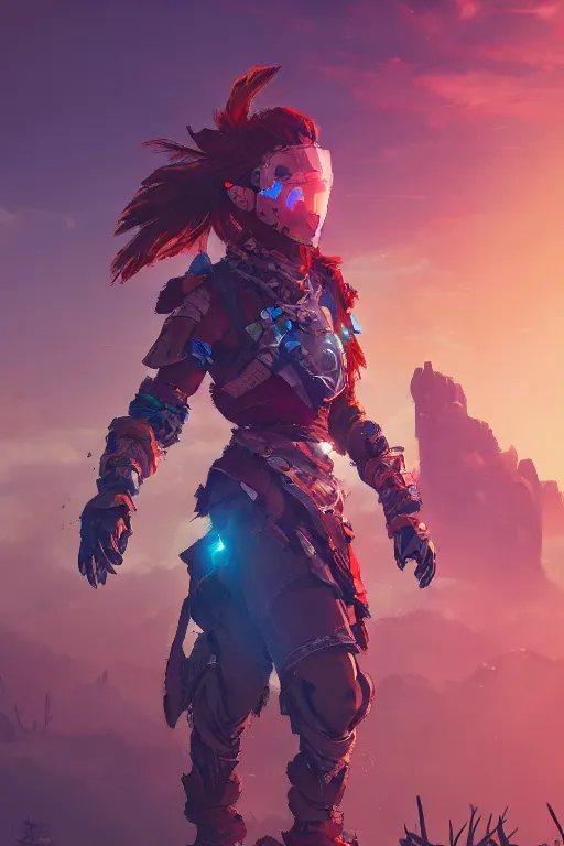 Image similar to combination suit armor aloy horizon forbidden west horizon zero dawn radiating a glowing aura global illumination ray tracing hdr fanart arstation by ian pesty and alena aenami artworks in 4 k tribal robot ninja mask helmet backpack