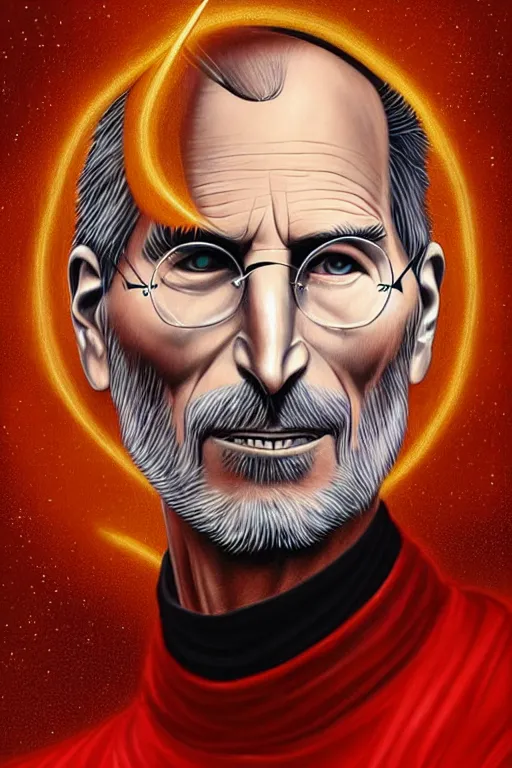 Prompt: evil steve jobs sorcerer in his late nineties. stately and dour in his expression. eyeliner accentuates his sunken eyes. a high black turtleneck covers his thin neck. opulent white golden red robe, gold decoration, sharp focus, digital painting, illustration, art by magali villeneuve
