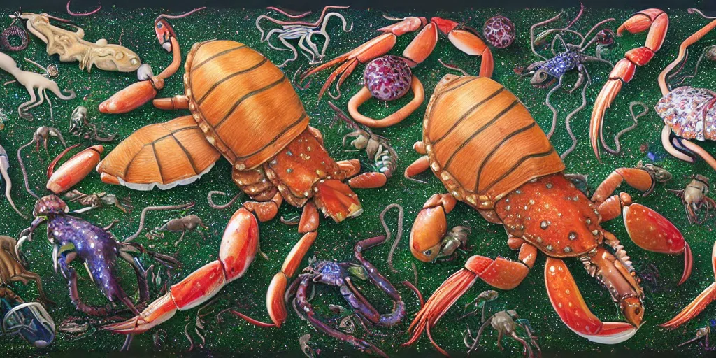 Image similar to imaginary animals, squid, horse, lobster, turtles by raqib shaw, made from oil metallic paint glitter rhinestones and graphite on white paper,