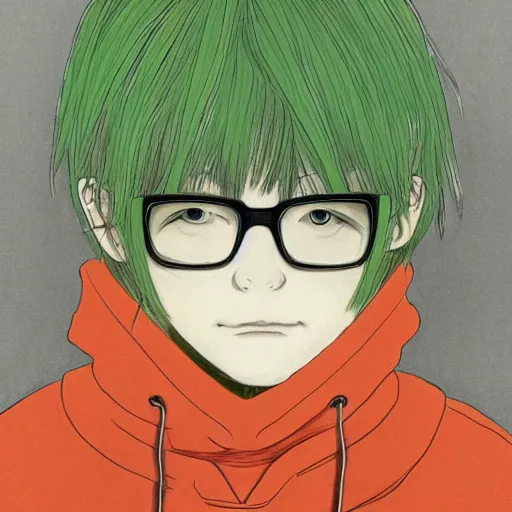 Image similar to a colorful portait of a man with an orange hoodie made by inio asano, detailed