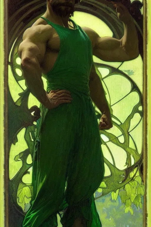 Image similar to man wearing green clothes, muscular, fantasy, painting by greg rutkowski and alphonse mucha