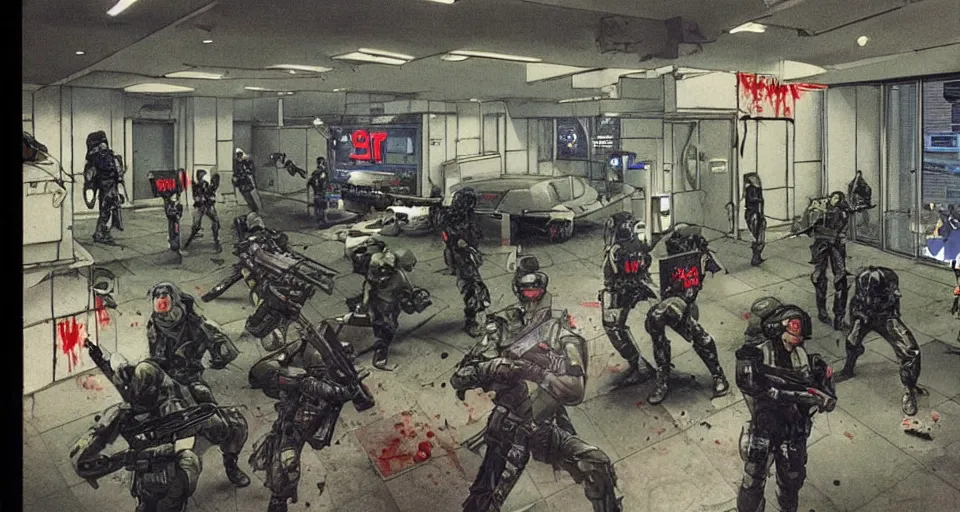 Image similar to 1987 Video Game Concept Art for Neo-tokyo Cyborg bank robbers vs police, Set inside of Office, Multiplayer set-piece Ambush, Tactical Squads :10, Police officers under heavy fire, Suppressive fire, Pinned down, Destructible Environments, Gunshots, Headshot, Bullet Holes and Anime Blood Splatter, :10 Gas Grenades, Riot Shields, MP5, AK45, MP7, P90, Chaos, Anime Machine Gun Fire, Gunplay, Shootout, :14 FLCL + Akira, Cel-Shaded:15, Created by Katsuhiro Otomo + Studio Gainax + Trending on Artstation: 20