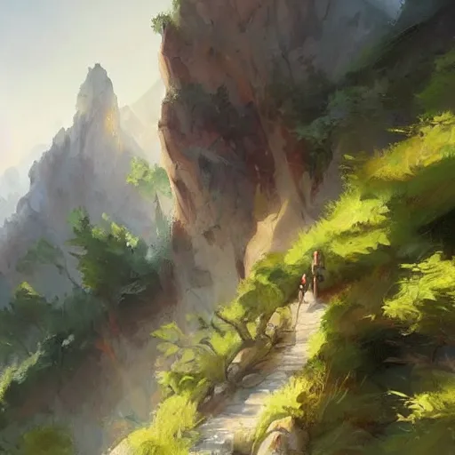 Image similar to Time to climb the mountain path, an expressive oil painting by Ross Tran, John Harris, Krenz Cushart