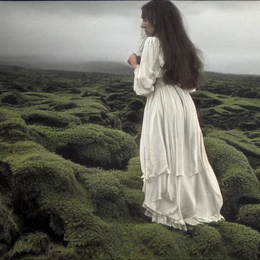 Image similar to dark and moody 1 9 7 0's artistic spaghetti western film in color, a woman in a giant billowy wide long flowing waving dress made out of white sea foam, standing inside a green mossy irish rocky scenic landscape, crashing waves and sea foam, volumetric lighting, backlit, moody, atmospheric