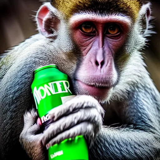 Prompt: monkey drinking monster energy, high quality photo