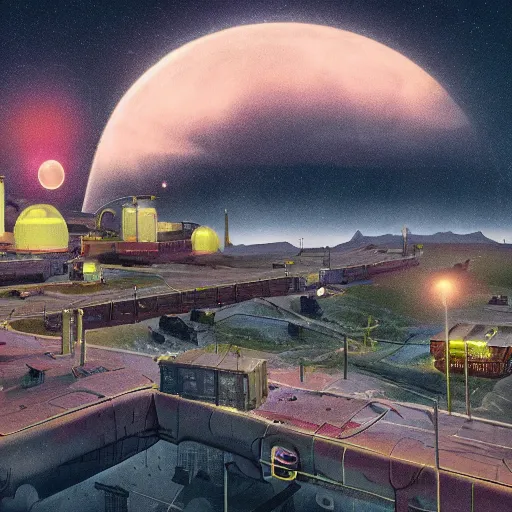 Image similar to An atom punk city with the moon shining through the clouds in utopia by Simon Stålenhag and Grant Wood,In style of 80s sci fi art.hyper detailed,4K,unreal engine 5,Ray Tracing,highly realistic.trending on Artstation