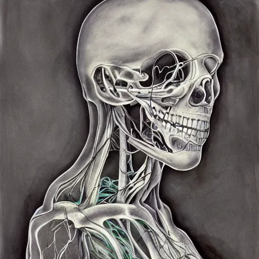 Image similar to ghosts, anatomical, veins, wires, mist, ink, oil spray