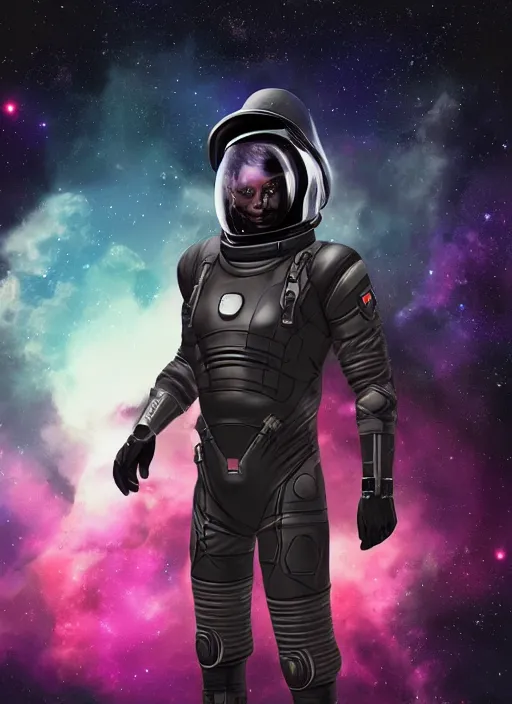 Image similar to fit black space soldier in an advanced spacesuit in front of exploding nebulae, digital illustration trending on artstation by artgerm and rutkowski