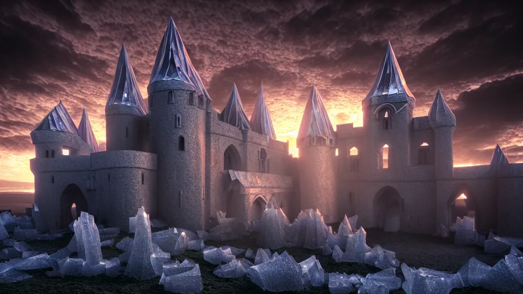 Prompt: medieval baroque castle made of crystal shards : : epic landscape, iceland photography, cinematic, octane render, 8 k, artstation trends, dramatic lighting, beautiful dusk sky, concept art, rococo, photo realistic, intense detail