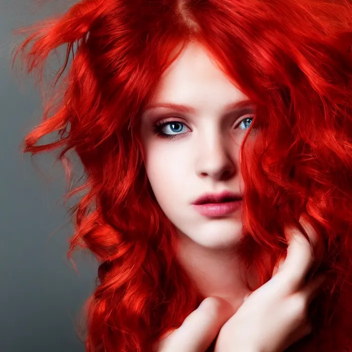 Image similar to Close-up portrait photo of a beautiful girl with red hair , dramatic light, dark background, high quality