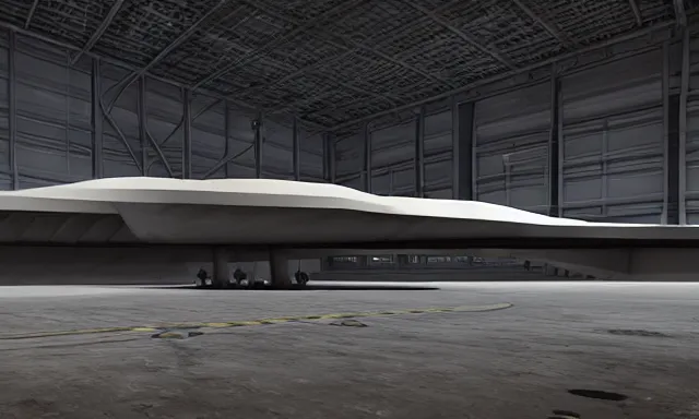 Image similar to matte painting, digital painting, high quality, unreal engine 5, a spaceship in hangar, symmetric