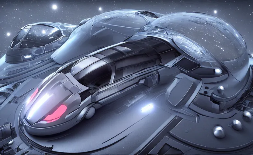 Image similar to a spaceship version of the vw beetle floating in the space, masterpiece, hyperrealistic, futuristic, symmetrical, octane render, unreal engine 5, path traced, highly detailed, high quality, 8 k, cinematic, high coherence, soft lighting, spacecraft, bloom