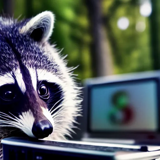 Prompt: photograph of a racoon using a computer, filmic, cinematographic