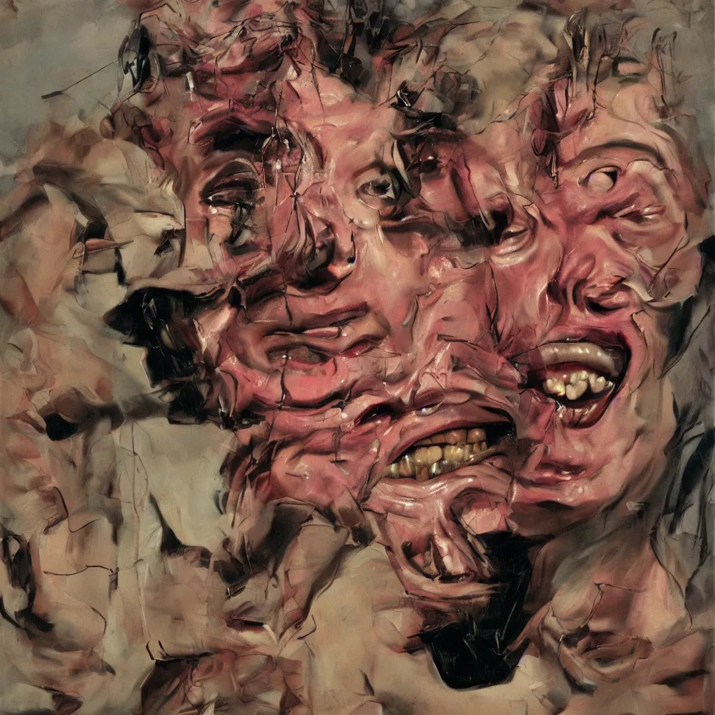 Image similar to oil painting by francis bacon and jenny saville portrait of todd solondz laughing, extremely bizarre disturbing, intense chiaroscuro lighting perfect composition masterpiece intense emotion