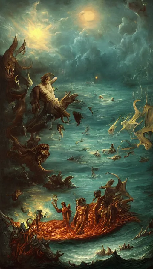 Prompt: man on boat crossing a body of water in hell with creatures in the water, sea of souls, by khara inc